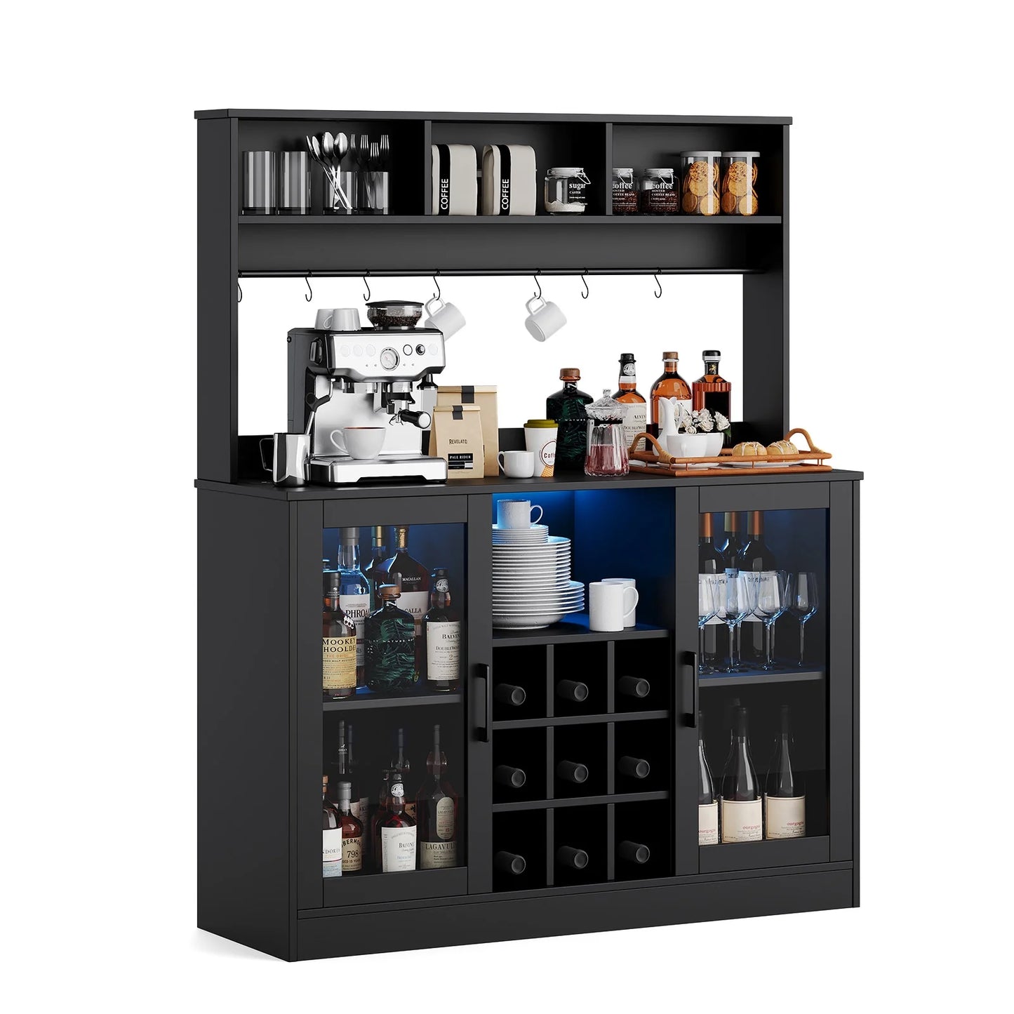 Juiluna Coffee Bar Cabinet Wine Bar Cabinet with Power Outlet, 6 Hooks,9 Wink Racks and Adjustable Shelf, Liquor Cabinet Bar with LED Light, Buffet Sideboard with Storage Shelf for Kitchen, Black