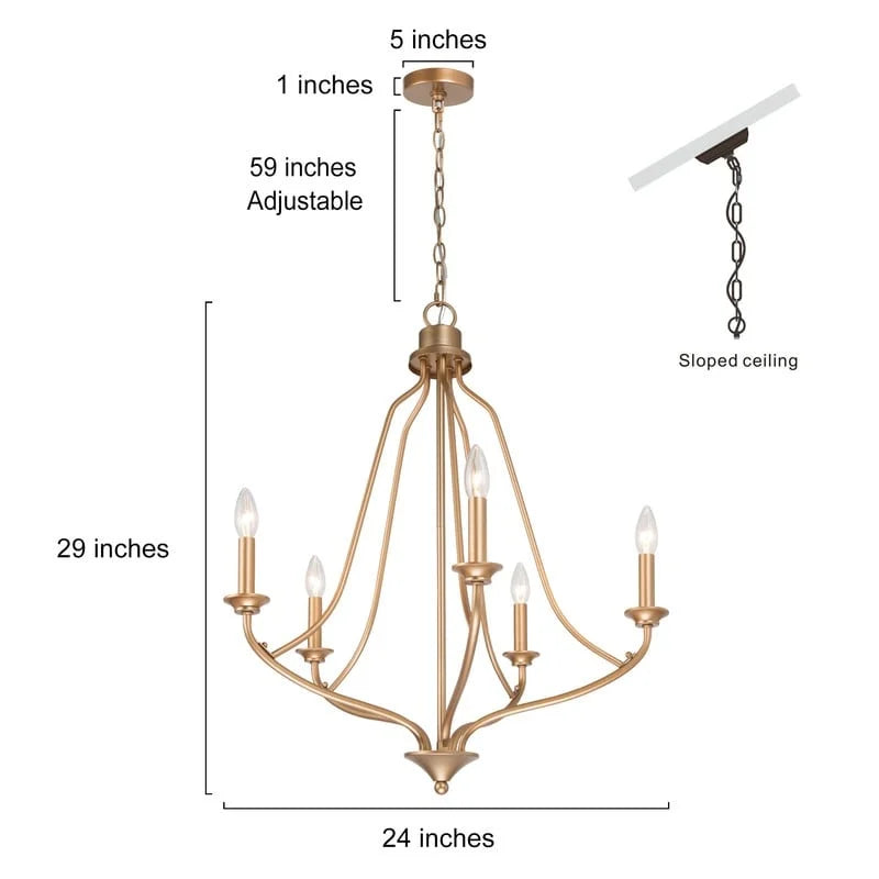 Modern Glam Gold 5-light Empire Wheel Chandelier Candle Ceiling Lighting for Foyer, Stairs - D24" x H89"
