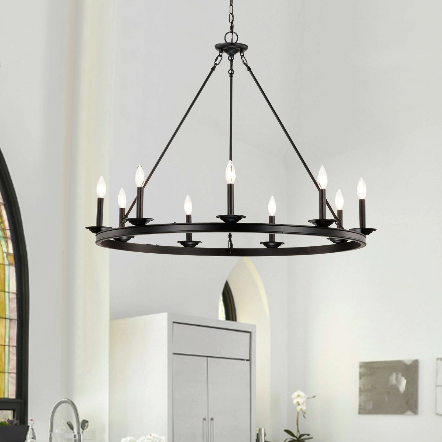 The Lighting Store Eva 9-Light Antique Black Wagon Wheel Candle Style Round Chandelier - 40 inches in diameter x 32 inches H
