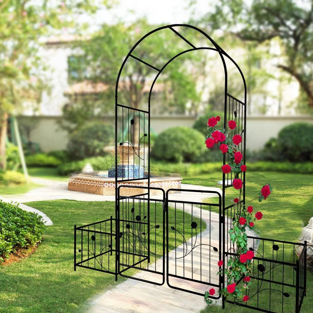 IVV 7.2ft Garden Arbor Arch with Gate and Side Planter Box, Wedding Arch Archway for Ceremony Party, Trellis for Plant Climbing, Christmas Decorations Pergola for Backyard, Lawn, Patio, Yard (Black)