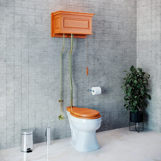 Light Oak Finish High Tank Pull Chain Toilet Wooden Raised Tank Round Top Entry White Porcelain Bowl and Brass Z Pipes Adjustable Height 59"- 74" w/Hardware Renovators Supply