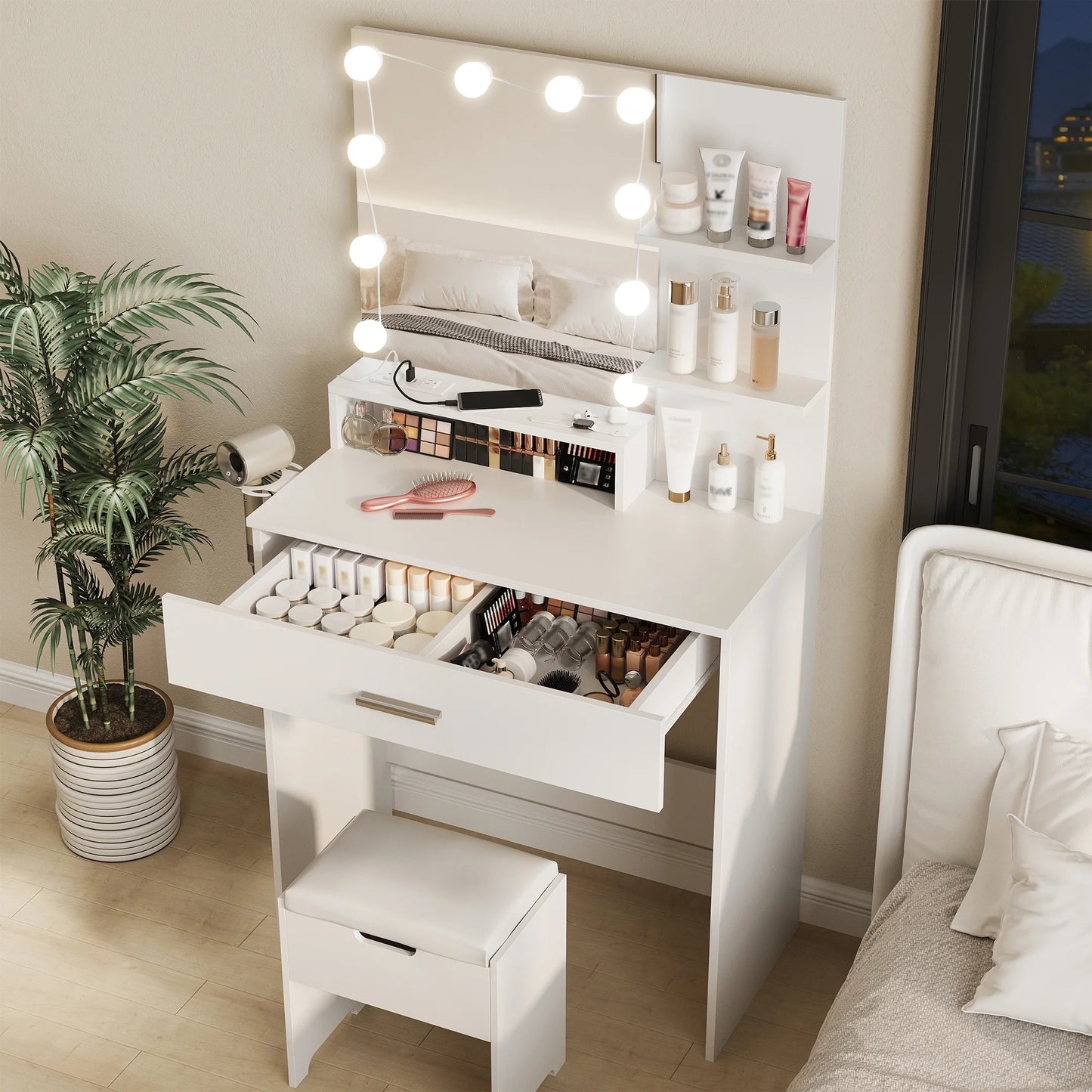 VEANERWOOD Makeup Vanity Table with Lighted Mirror & Power Strip, White Vanity Set with Large Storage, 3 Lighting Modes, 31.5 inch, White