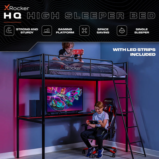 X Rocker HQ Gaming Bunk Bed with LED Lighting, Black, Twin