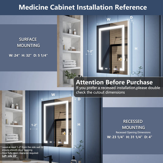 Illusion-B 24"x32" LED Lighted Recessed/Surface Medicine Cabinet with Magnifier, Anti-Fog, Front & Back Lighting, USB & Outlets
