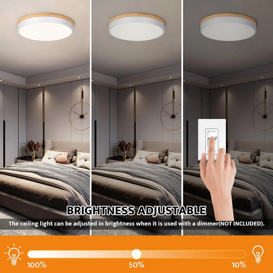 Dimmable Wood LED Flush Mount Ceiling Light, 5CCT 2700K-6000K Modern Round Close to Ceiling Lighting Fixtures, Minimalist White Ceiling Lamp for Bedroom, Kitchen, Hallway, Laundry Room