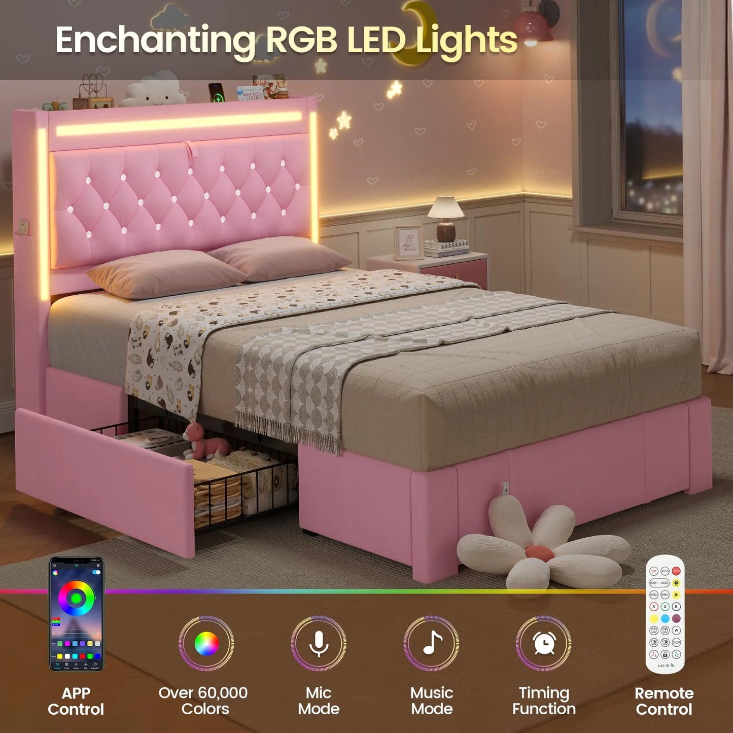 Platform Bed Twin Size with Storage Drawers and Headboard,, Twin Size Velvet Upholstered Bed with RGB Lighting and Power Outlet, No Box Spring Needed, Noise-Free, White