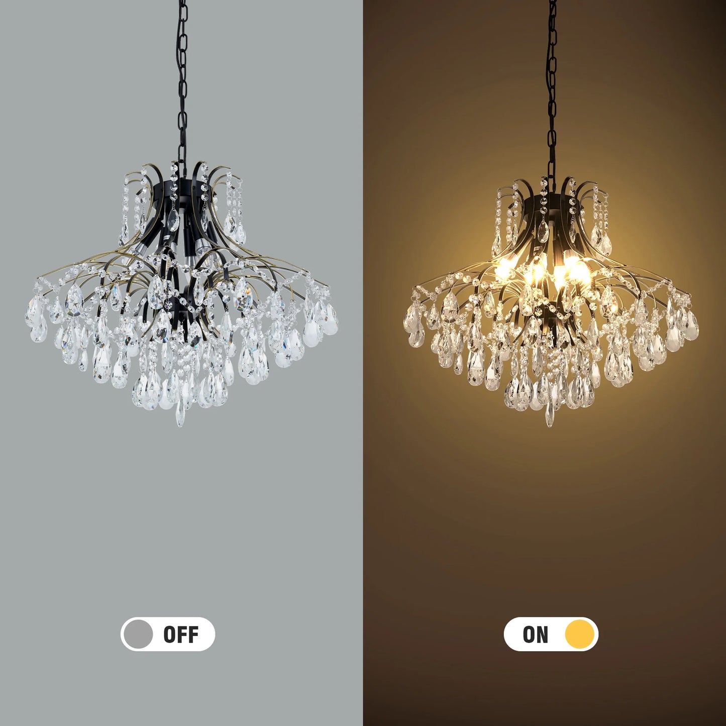 6-Light French Vintage Crystal Chandelier - Black & Gold Wrought Iron Ceiling Light with 23.6" Diameter, Adjustable 21.7" Chain & Wall Control, Dining room ceiling lighting fixtures
