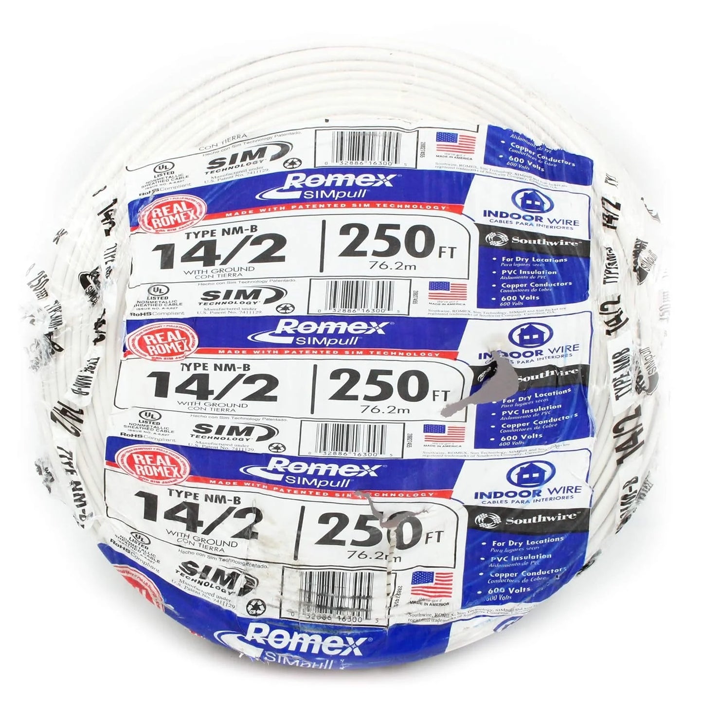 Southwire 28827455 250 ft 14/2 NM-B Electrical Wire with Ground | Indoor Residential Copper Cable | Non-Metallic Sheathed, 600V, UL Listed