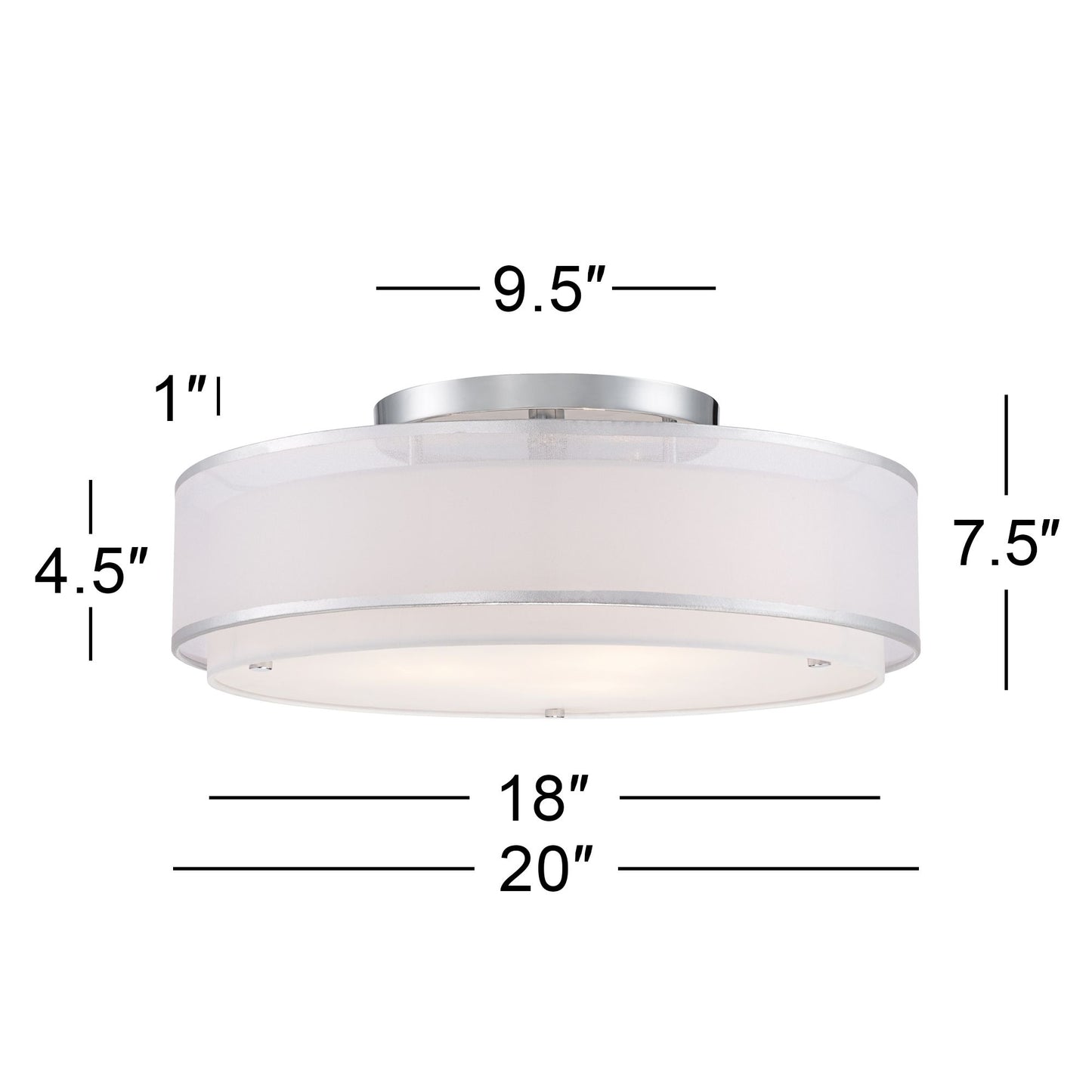 Possini Euro Design Modern Ceiling Lighting Semi Flush Mount Fixture 20" Wide Chrome 3-Light Sheer Outer Off White Inner Drum Shade for Bedroom House