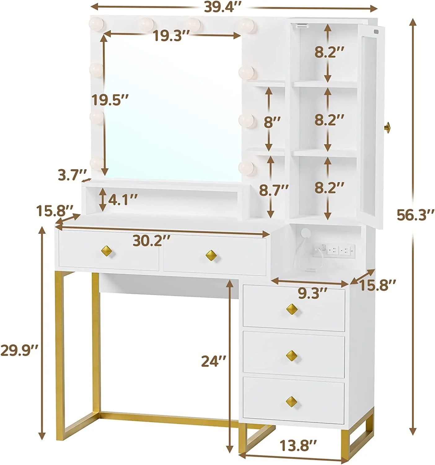 Vanity Desk with LED Lighted Mirror, Makeup Desk with 5 Storage Drawers & 6 Shelves, Vanity Table with Charging Station, Modern Dressing Table with 3 Color Lighting Options, White