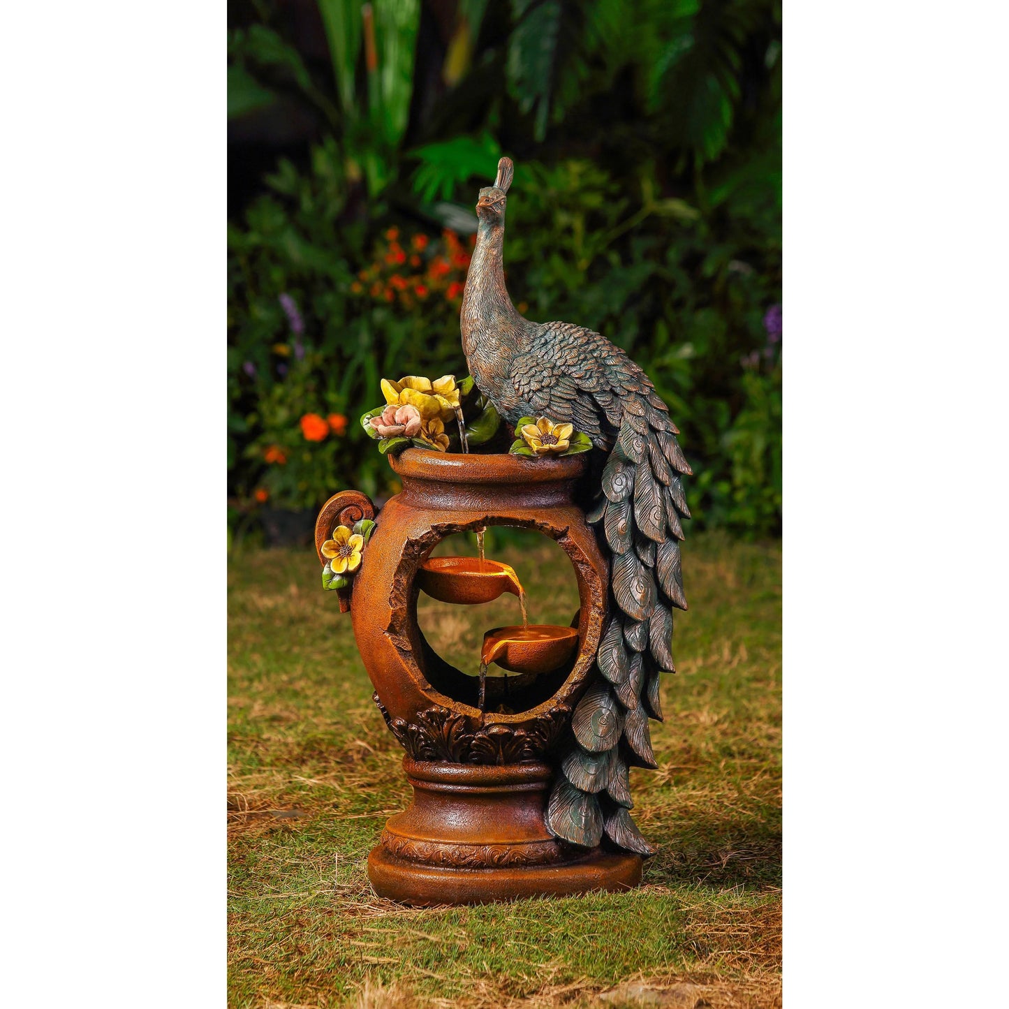 Peacock Water Fountain with LED Lighting