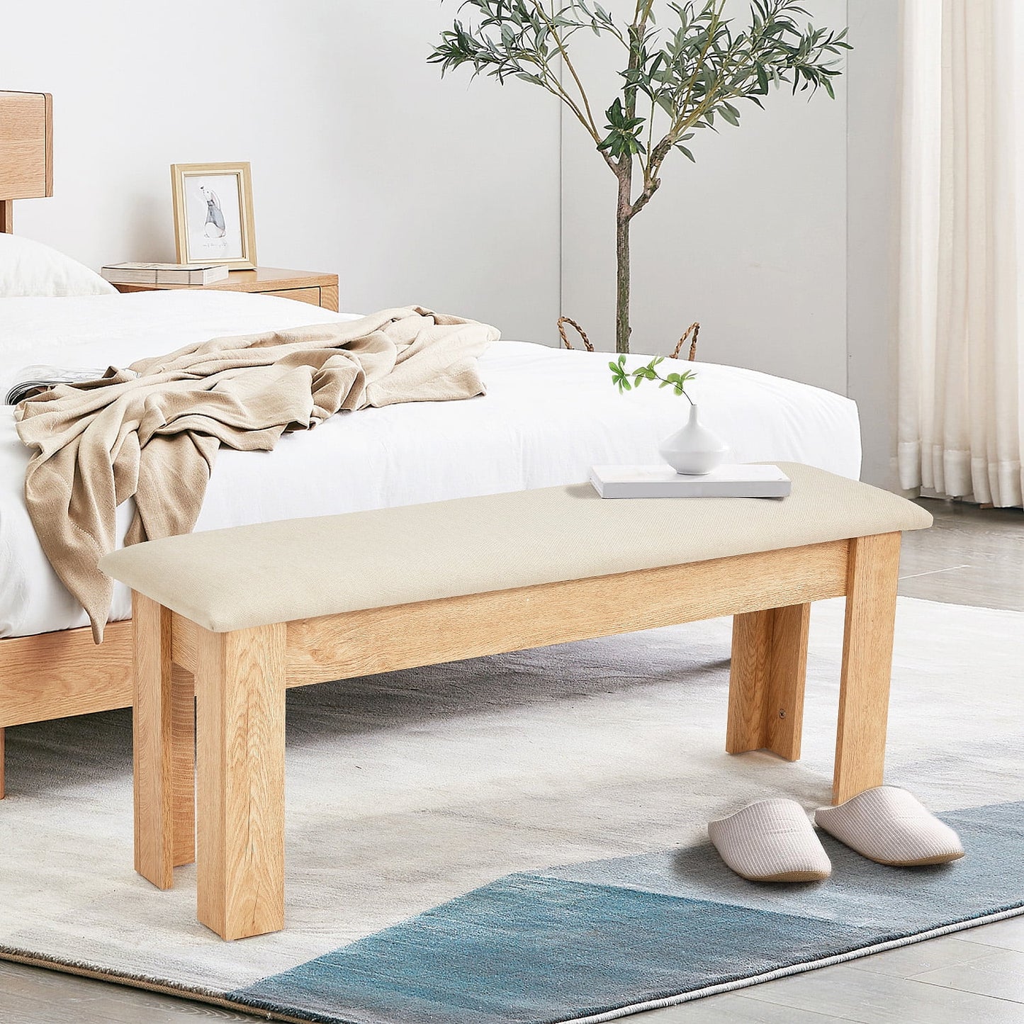 AVAWING 44" Dining Room Bench Set of 2, Wood & Linen Fabric Kitchen Benches, Beige & Natural