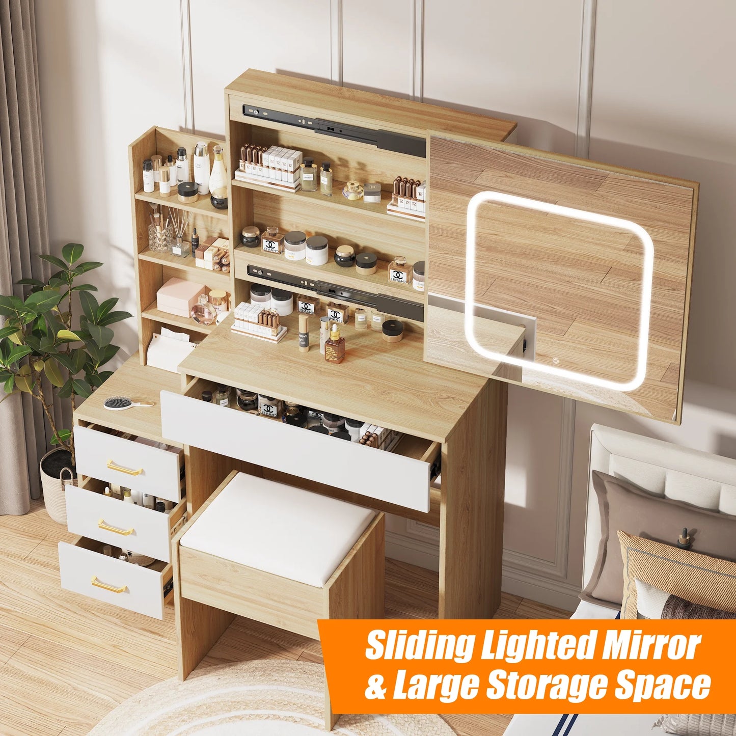 Vanity Desk with Sliding Mirror and Lights, Makeup Vanity Set with 4 Drawers, Stool, Power Outlet, Open Shelves, 3 Color Adjustable Lighting Modes, Makeup Dressing Table for Bedroom, White