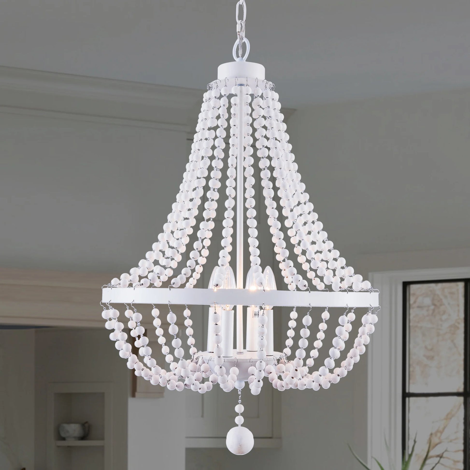 Oaks Aura 4-Light Farmhouse Wood Beaded Chandelier Adjustable Height Black Finish Boho Pendant Lighting