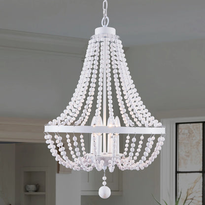 Oaks Aura 4-Light Farmhouse Wood Beaded Chandelier Adjustable Height Black Finish Boho Pendant Lighting