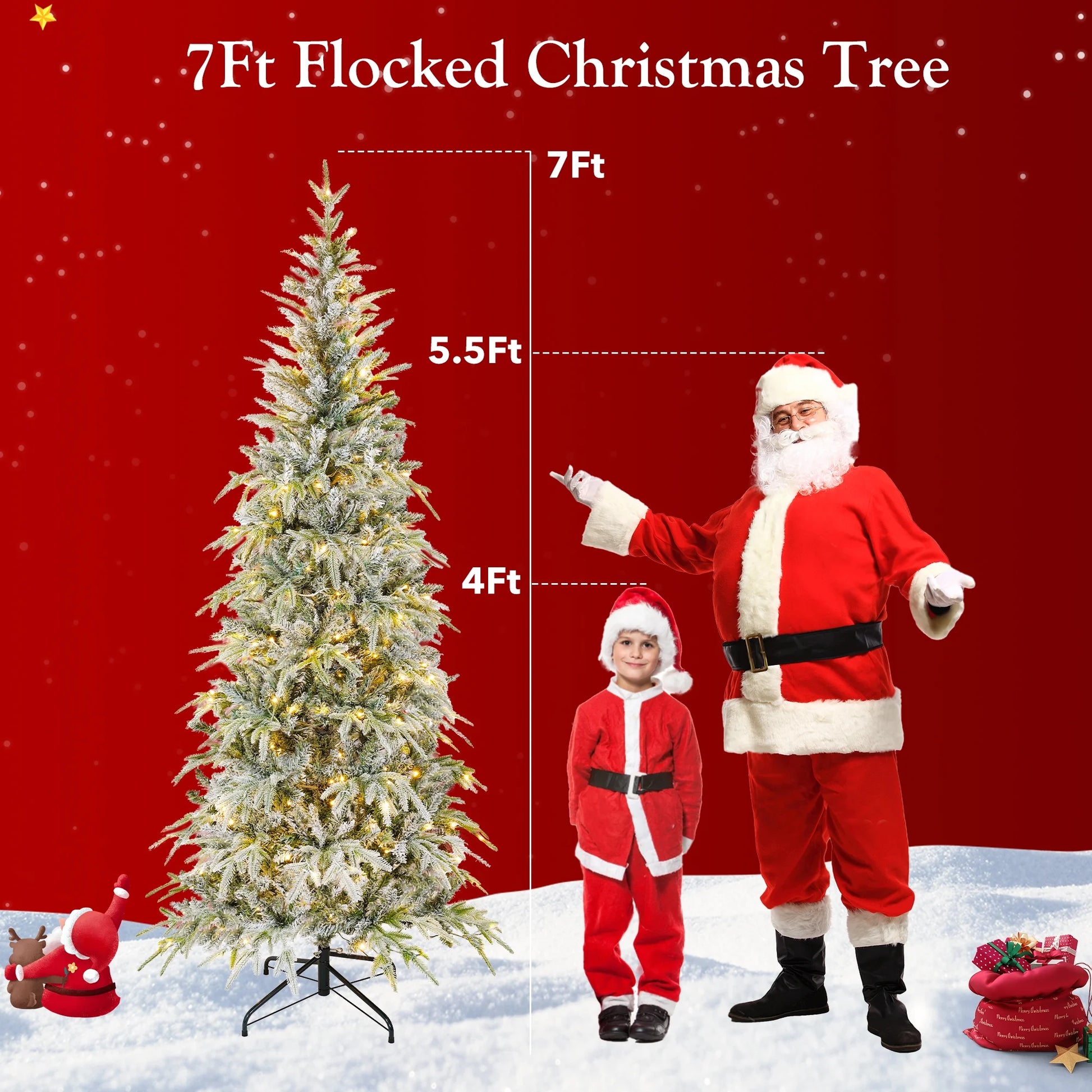 Qunler 7ft Pre-lit Snow Flocked Artificial Christmas Tree with 300 Warm Lights 8 Modes, 700 PE+PVC Snowy Branches, White