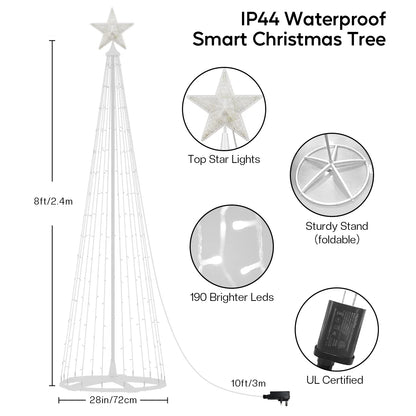 8FT 191 LED Christmas Cone Tree Smart Light with 58 Modes DIY Timer Remote Dimmable Artificial Christmas Tree for Porch Yard Patio Indoor Outdoor Xmas Holiday Decor