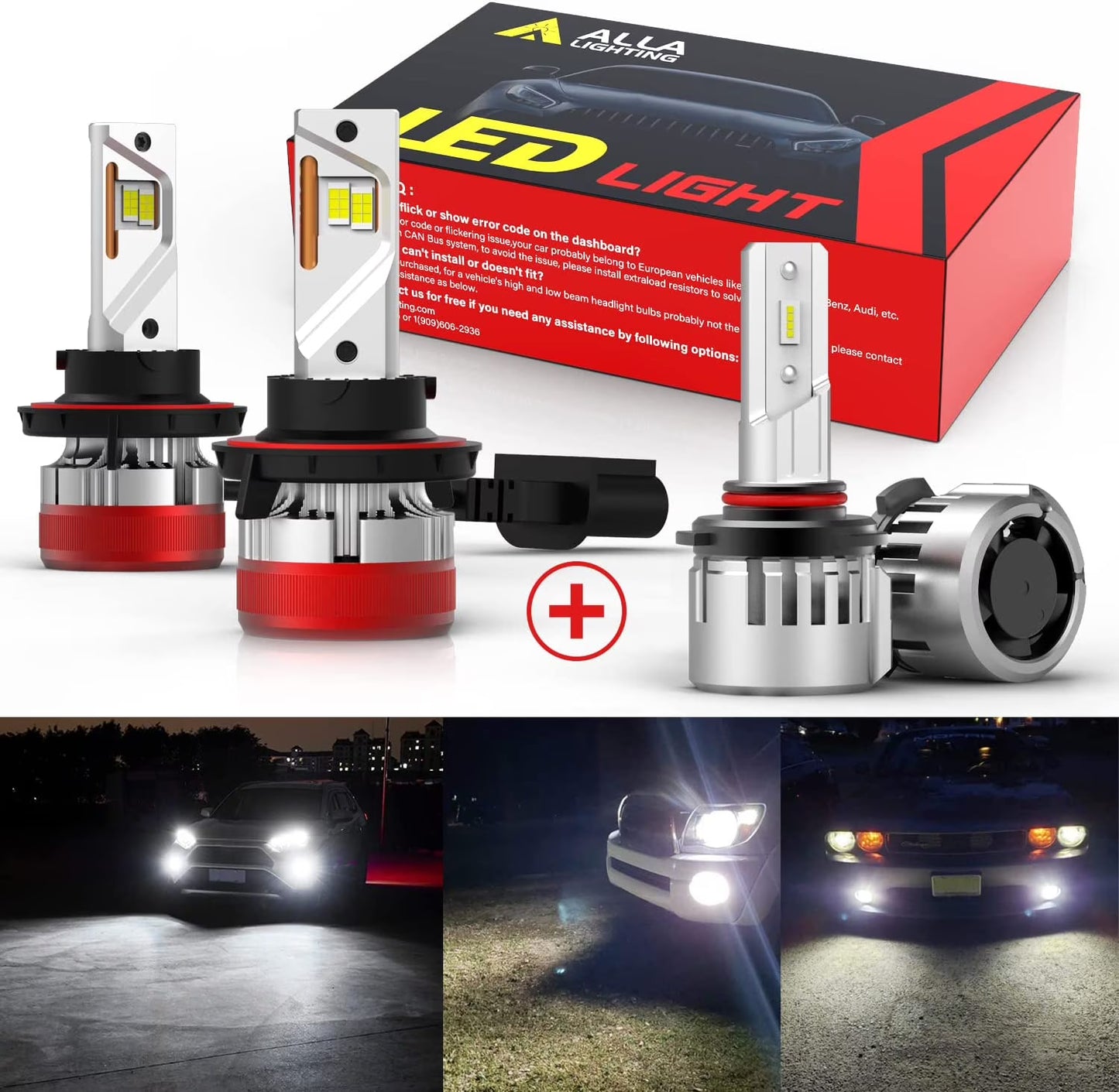 Alla Lighting 9006(HB4) 9005(HB3_ LED Headlights Bulbs Combo High Beam, Low Beam Replacement, 6000K-6500K Xenon White Xtreme Super Bright Conversion Kits