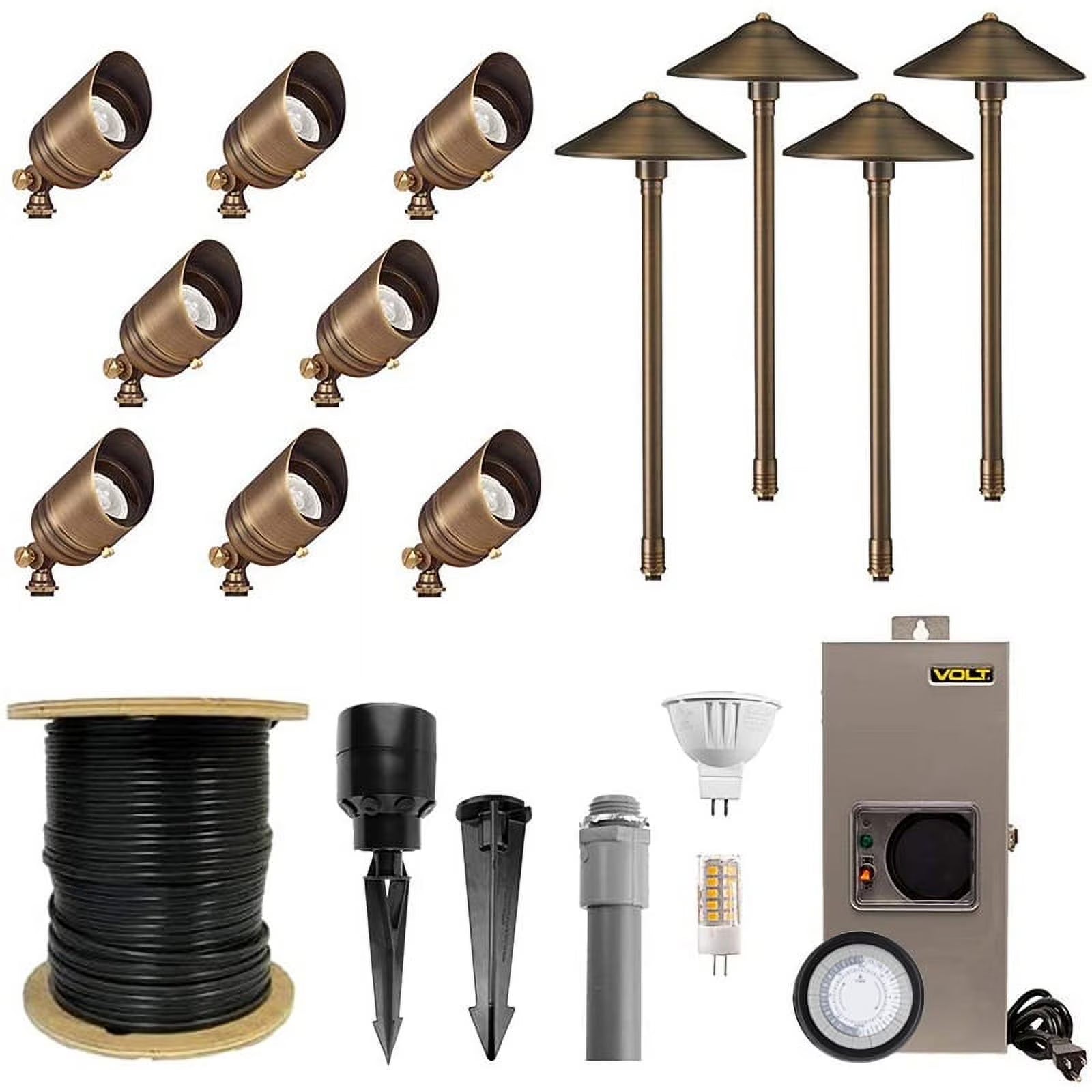 VOLT Brass Landscape Lighting Kit (6 Spotlights, 2 Path Lights)