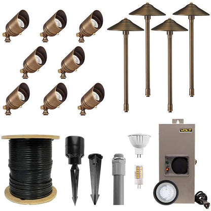 VOLT Brass Landscape Lighting Kit (6 Spotlights, 2 Path Lights)