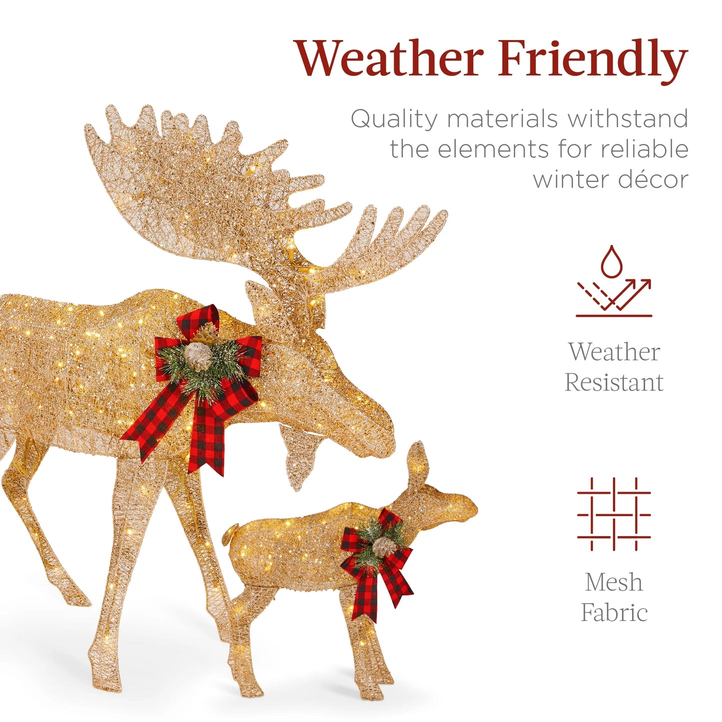 Best Choice Products 2-Piece Moose Family Lighted Christmas Yard Decor Set w/170 LED Lights, Stakes, Zip Ties - Gold
