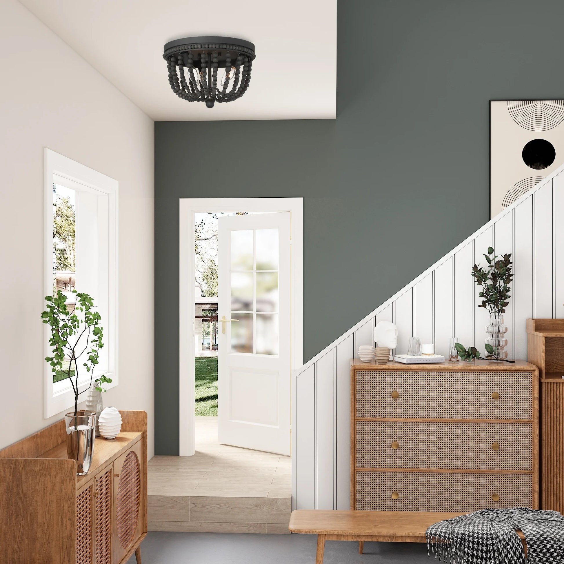 ACROMA Fidenza 3-light Boho Beaded Flush Mount Ceiling Light Farmhouse Coastal Dome Lighting Aged Zinc