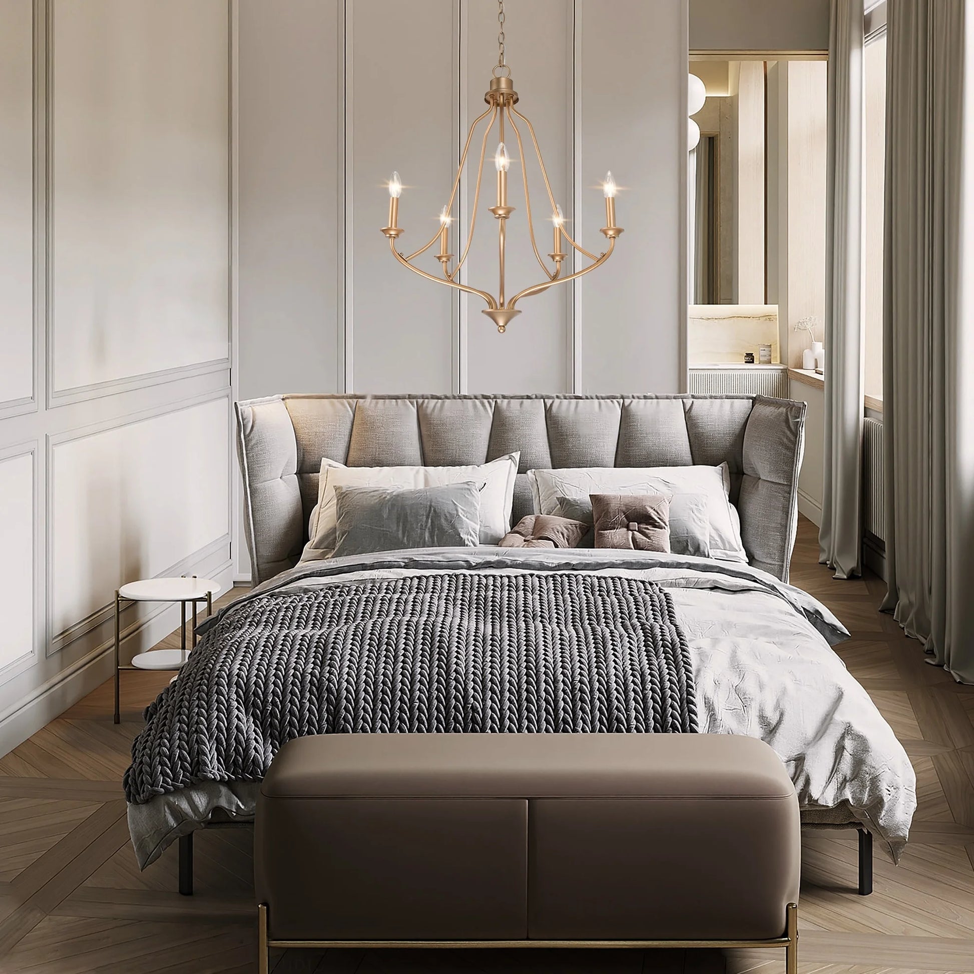 Modern Glam Gold 5-light Empire Wheel Chandelier Candle Ceiling Lighting for Foyer, Stairs - D24" x H89"