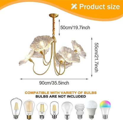Lotus Leaf Glass Pendant Lights Fixtures Hanging Lamp,French Classic floral pendant Lighting Modern Nordic Chandeliers with 6-Lights,for Living Room Dining Room Bedroom