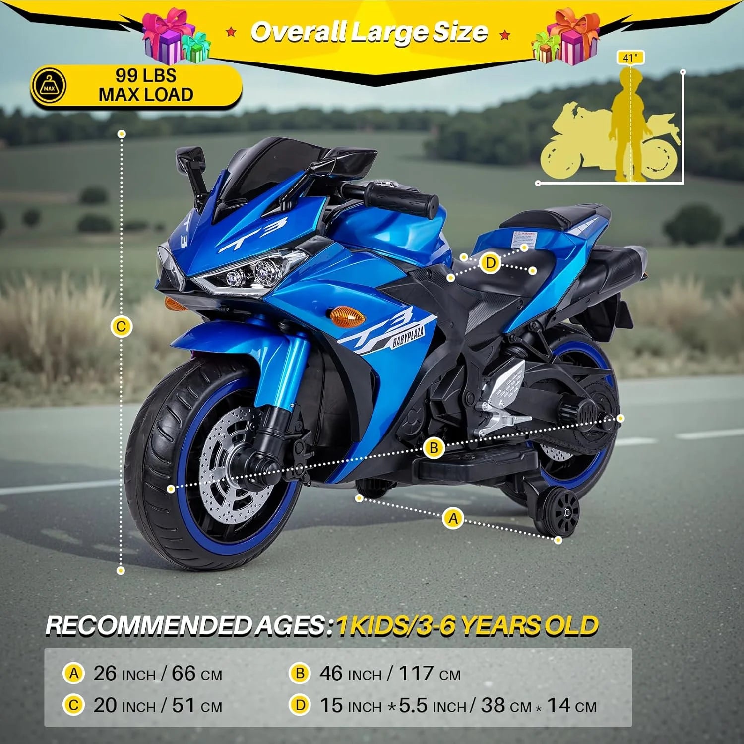 2 Seats Electric Dirt Bike Motorcycle for Kid 3-8, 12V Kids Motorcycle with Manual Throttle, Lighting Wheels, Music Function, Max Load 99LB (Blue)