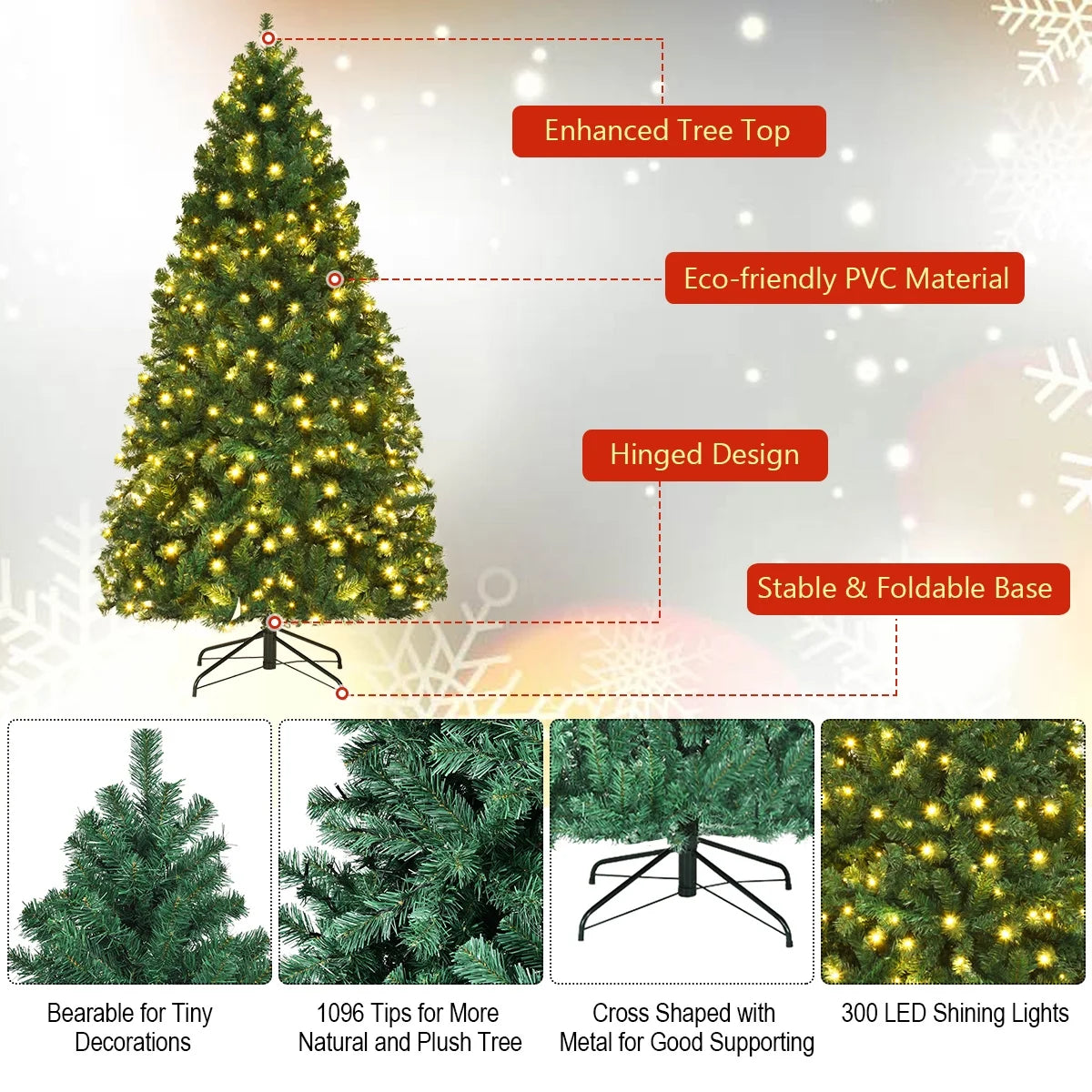 Costway 7Ft Pre-Lit PVC Hinged Christmas Tree 300 LED Lights Green