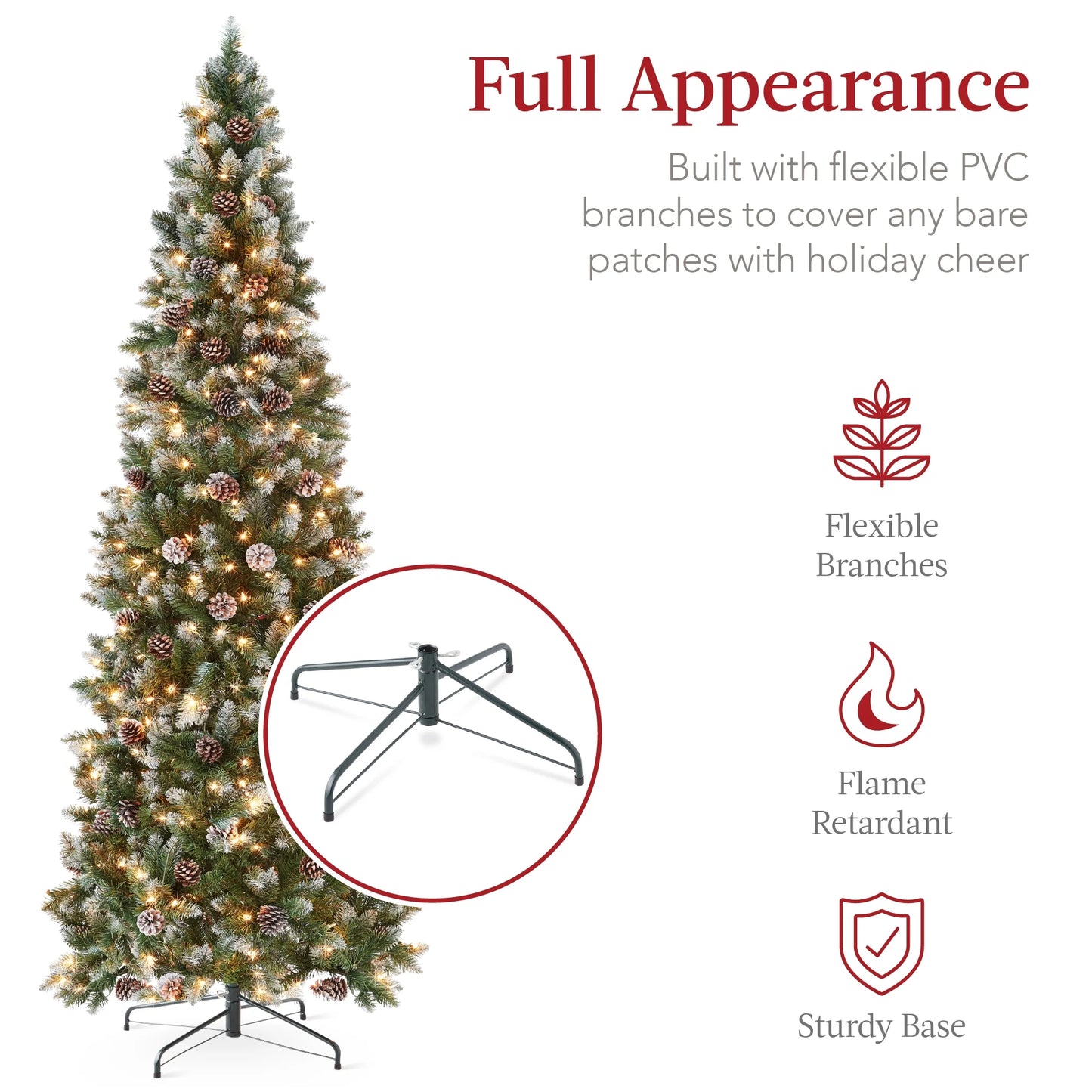 Best Choice Products 6ft Pre-Lit Partially Flocked Pencil Christmas Tree w/250 Lights, Pine Cones, Foldable Stand