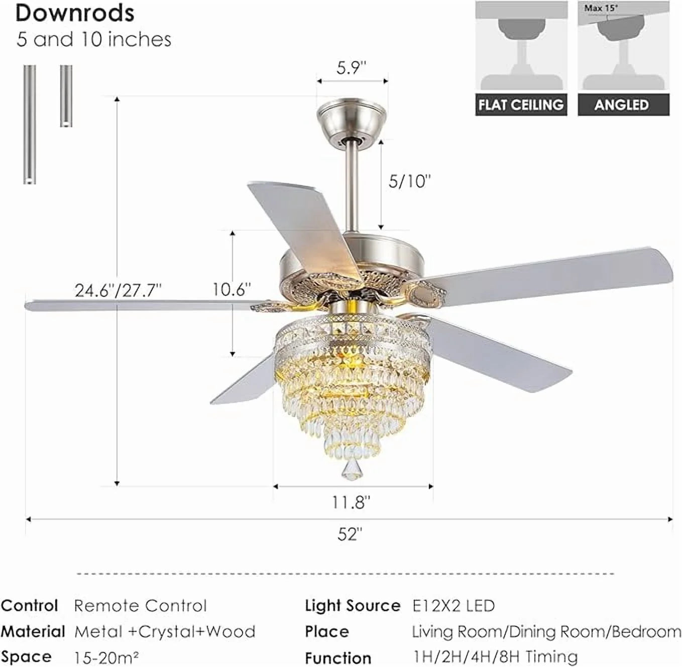 YIOSI 52" Crystal Ceiling Fan Fandelier with Remote Control, Modern Chrome Chandelier Ceiling Fan, Whisper-Quiet Motor, Reversible Blades, LED Lighting, Energy-Efficient, Elegant Living Room Fan