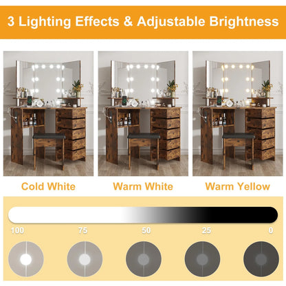 Ataucjin Makeup Vanity Desk With Lights Mirror & Power Outlet Corner Makeup Vanity Table With 5 Rotating Drawers Shelves And Stool 3 Color Lighting Makeup Table Bedroom Dressing Table