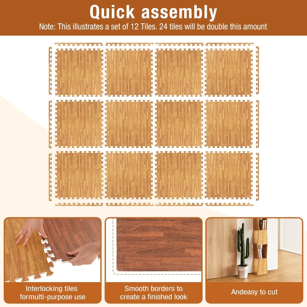 ARVAKOR Wood Grain Puzzle Mat 1/2-in, 24 Tiles EVA Foam Interlocking Floor Tiles (96SQ FT) for Secure Indoor Room Workout Flooring and Playmat