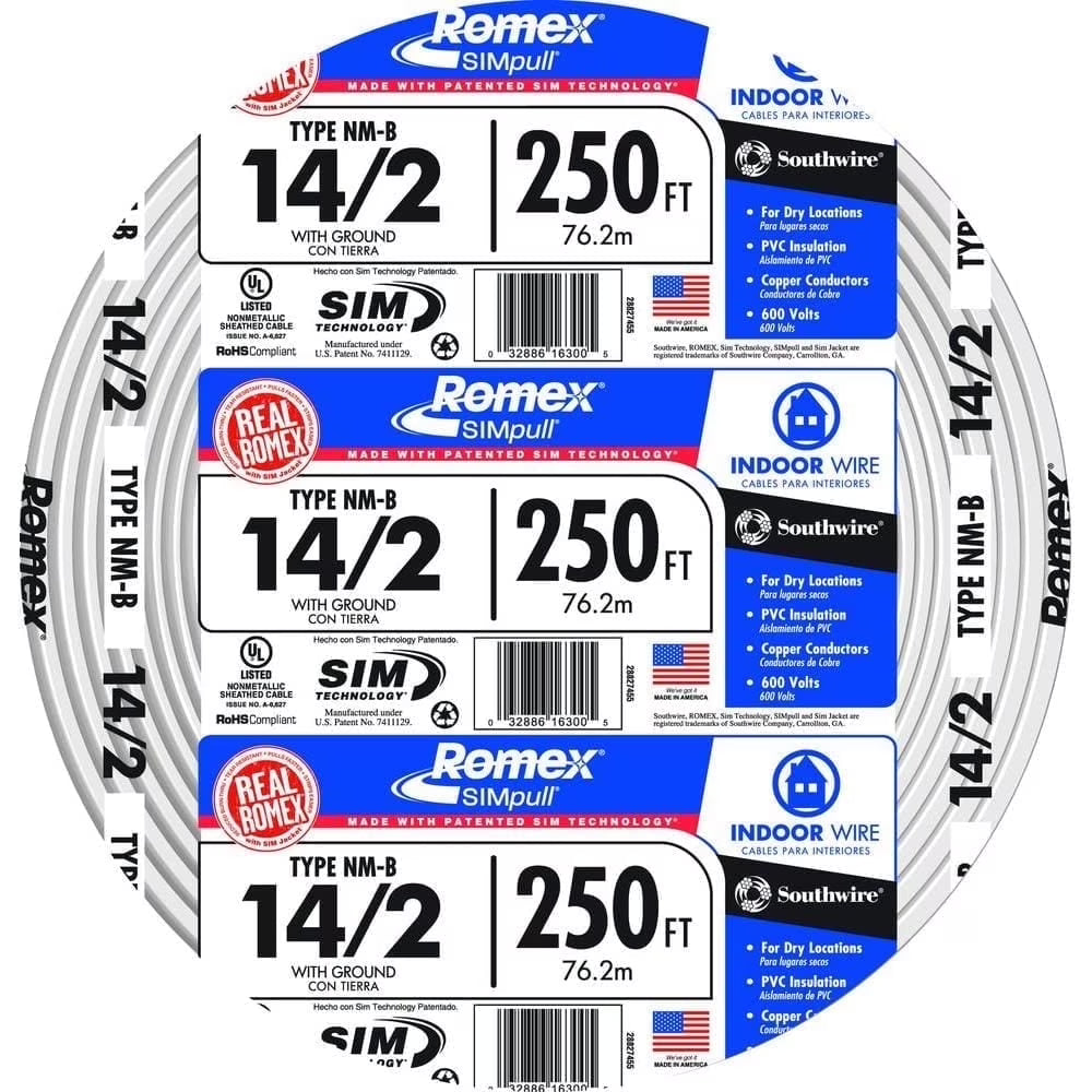 Southwire 28827455 250 ft 14/2 NM-B Electrical Wire with Ground | Indoor Residential Copper Cable | Non-Metallic Sheathed, 600V, UL Listed