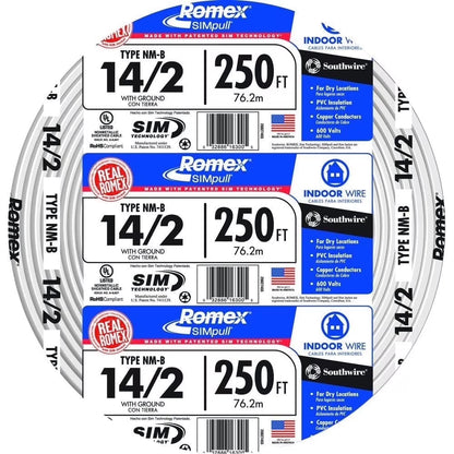 Southwire 28827455 250 ft 14/2 NM-B Electrical Wire with Ground | Indoor Residential Copper Cable | Non-Metallic Sheathed, 600V, UL Listed