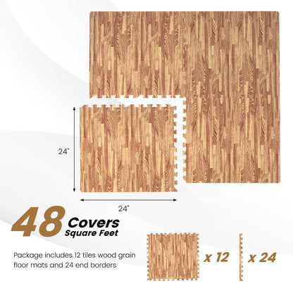 Gymax 24 Tiles Wood Grain EVA Foam Floor Mats Interlocking w/Borders 24'' Natural