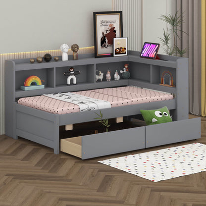 BEBPILOO Twin Size L-Shaped Bookcase Bed with Electrical Outlet, USB Charging Port, Two Drawers, Gray