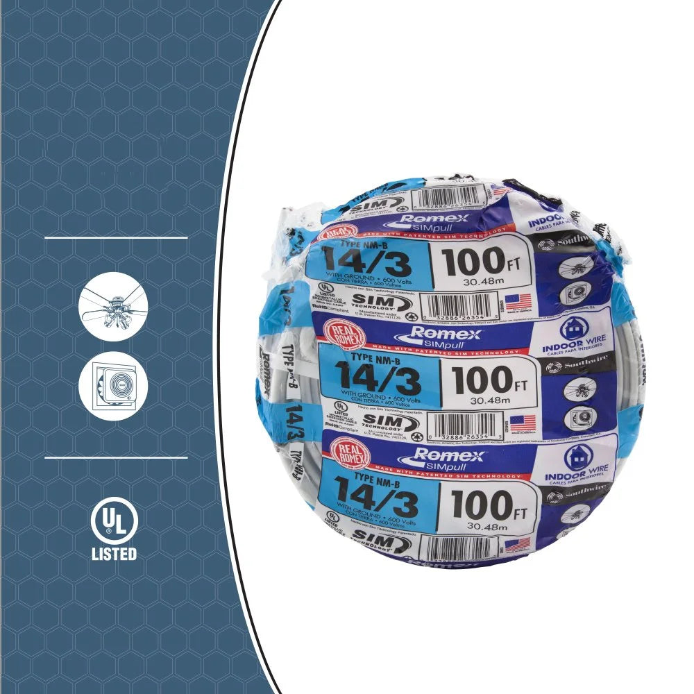 Southwire Romex 100' 14/3 with Ground Residential Indoor Electrical Wire type NM-B White, 7.72lbs