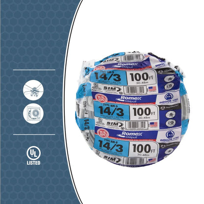 Southwire Romex 100' 14/3 with Ground Residential Indoor Electrical Wire type NM-B White, 7.72lbs