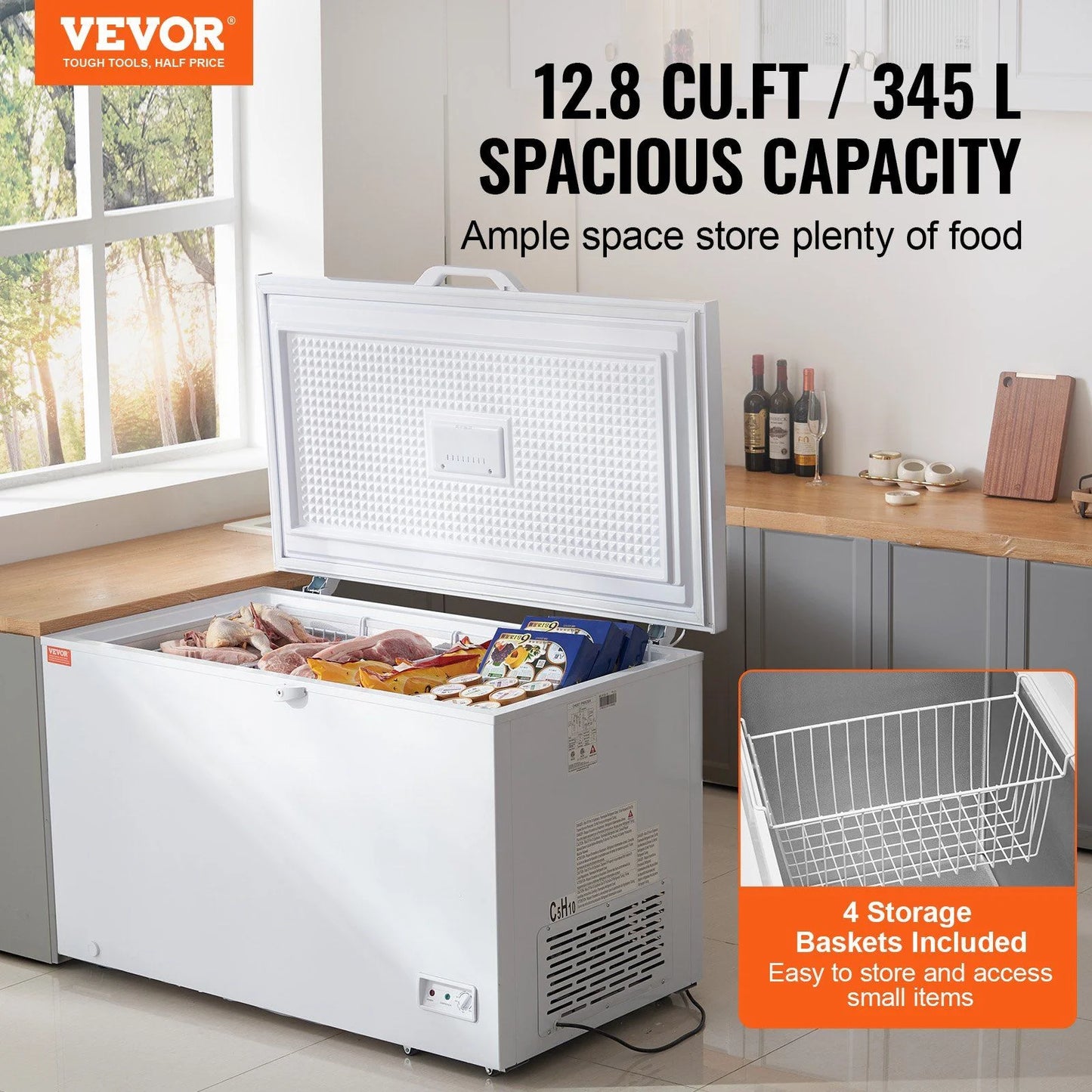 STAWAY 12.8 Cu.ft Chest Freezer - Large Deep Freezer with Adjustable Thermostat, Locking Lid, LED Lighting, 4 Baskets & 6 Wheels - Ideal for Home & Commercial Use