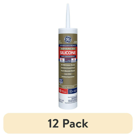 (12 pack) GE Advanced Silicone Kitchen & Bath Sealant. Pack of 1. Clear 10.1 fl oz Cartridge