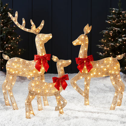 Best Choice Products 3-Piece 2D Deer Family Set, Lighted Christmas Outdoor Decoration w/175 Lights, Stakes - Gold