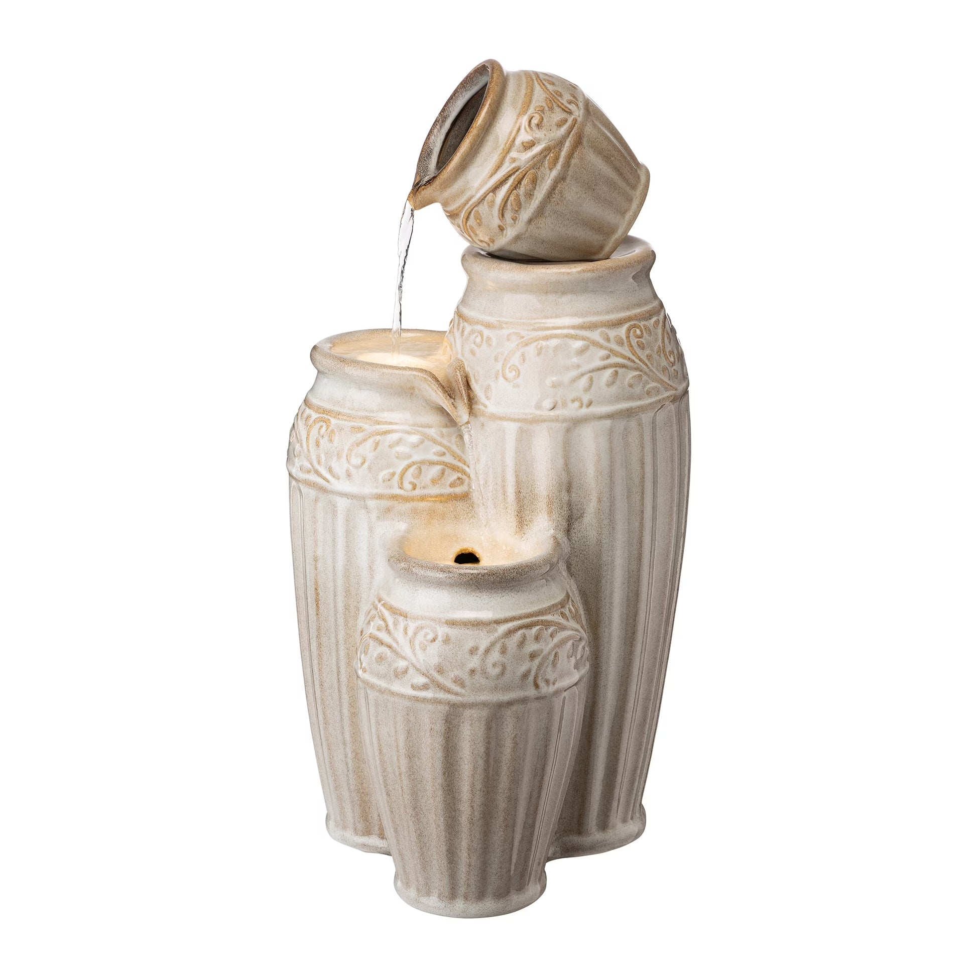 Glitzhome 27.25" 4 Tier Embossed Pattern Ceramic Pots Electrical Water Fountain with LED Light