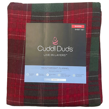 Cuddle Duds Flannel Sheet Set Christmas Plaid Queen Bed Sheets, Bedding