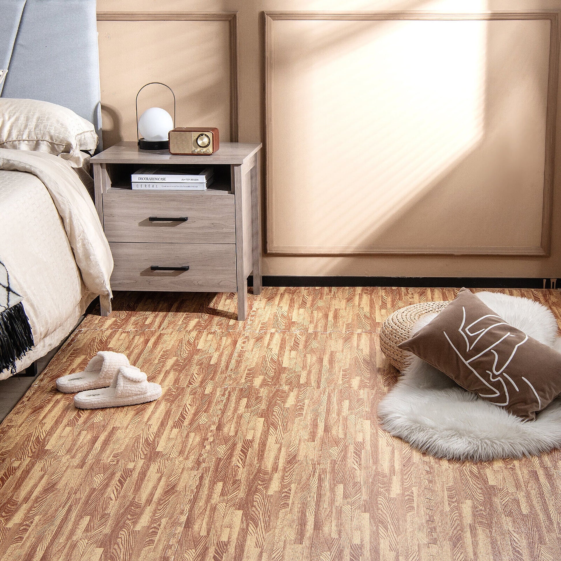Gymax 24 Tiles Wood Grain EVA Foam Floor Mats Interlocking w/Borders 24'' Natural