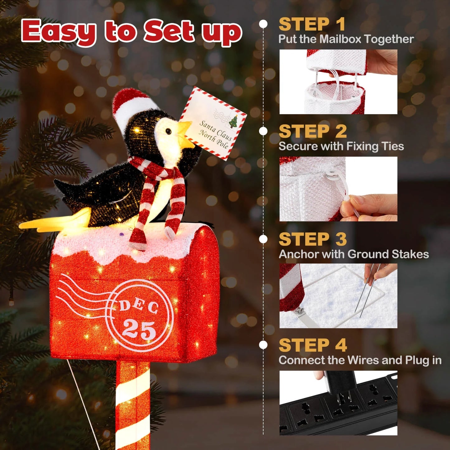 Costway 4.8 FT Christmas Lighted Penguin on Mailbox with 100 LED White Lights,Ground Stakes