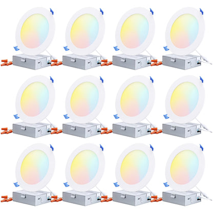 12 Pack 5CCT 3" Ultra-Thin LED Recessed Lighting with J-Box, CRI90, Aluminum, 2700K3000K3500K4000K5000K, 5%-100% Dimmable Slim Recessed Downlight, 6W 450LM, ETL& ES