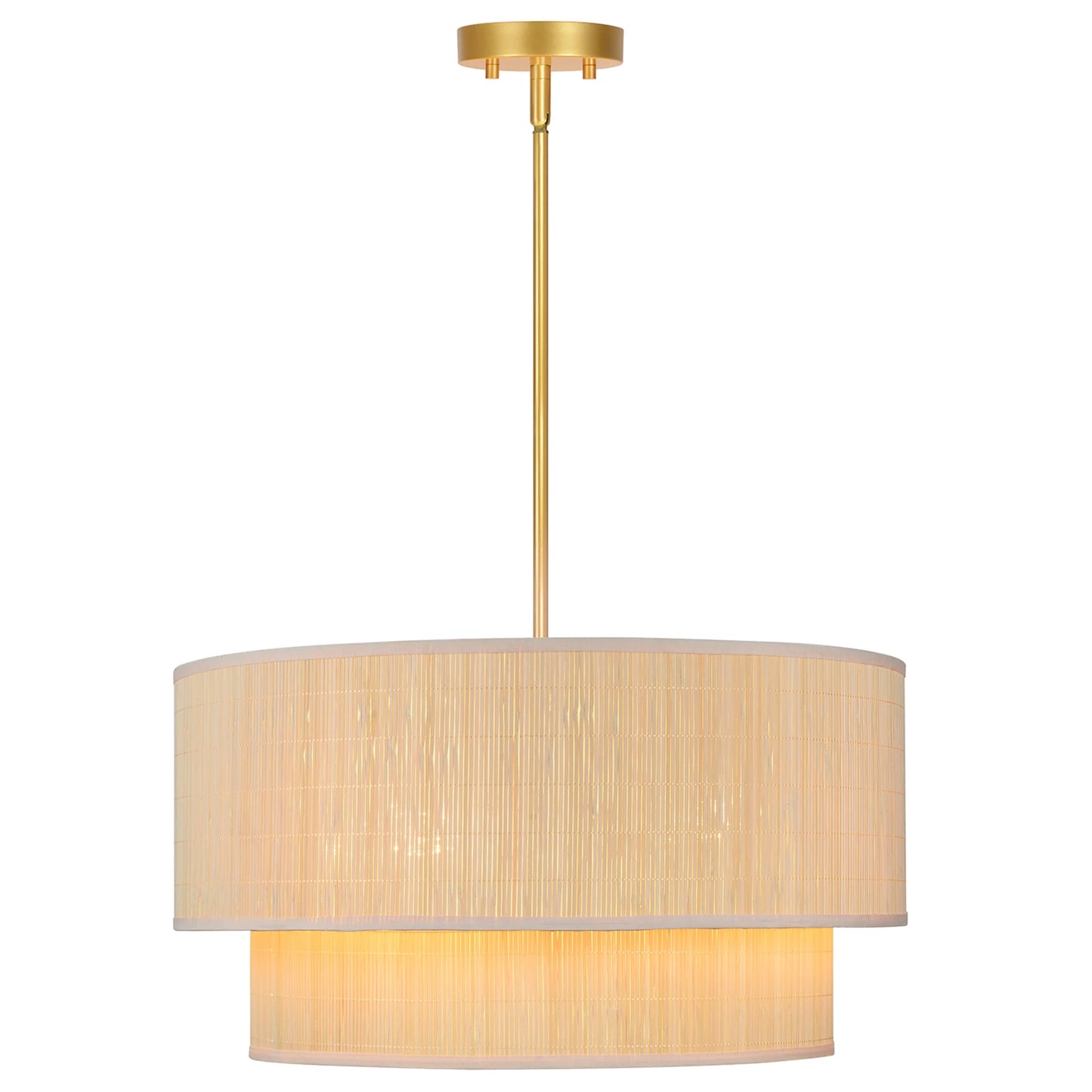 Prime Ray 20 in. 4-Light Natural Rattan Tiered Drum Pendant Chandelier Light with Gold Hardware