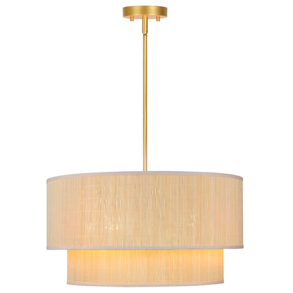 Prime Ray 20 in. 4-Light Natural Rattan Tiered Drum Pendant Chandelier Light with Gold Hardware